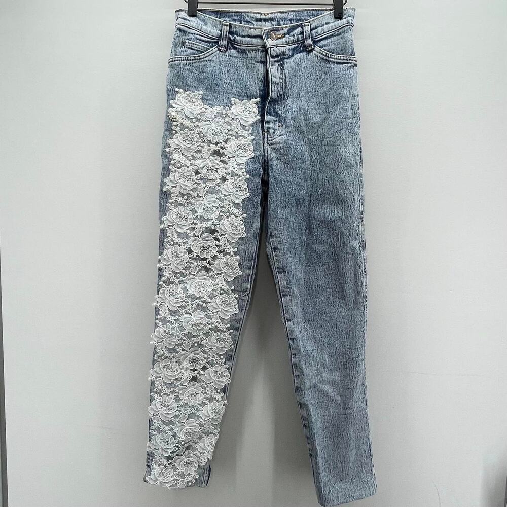 Vintage Sierra West High Rise Acid Wash Denim Handmade Lace Pearls‎ Stars Jean